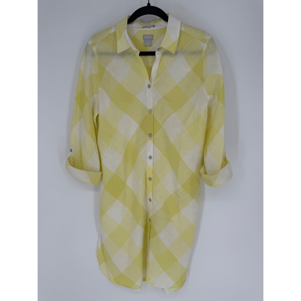 CHICO'S 100% LINEN GINGHAM TUNIC SHIRT YELLOW SIZE 1 COASTAL GRANDMA RESORTWEAR